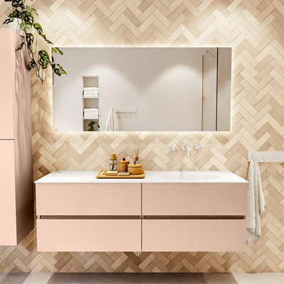 Mondiaz VICA ensemble de meuble de salle de bain - 150cm - meuble sous-vasque rosee - 4 tiroirs - lavabo moon droite - sans trous de robinet - version haute de 60cm - talc