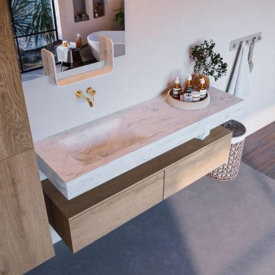 Mondiaz ALAN-DLUX Ensemble de meuble - 150cm - meuble Washed Oak mat - 2 tiroirs - Lavabo Cloud Opalo suspendu - vasque Gauche - 0 trous de robinet