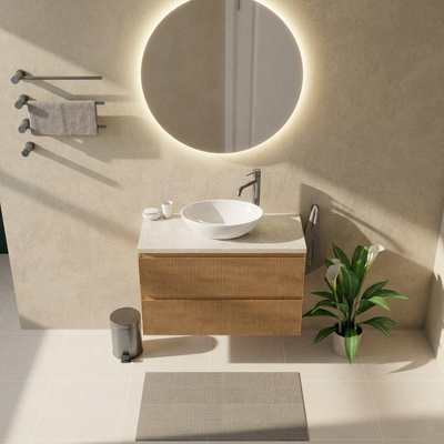 Saniclass Holz Atelier Ensemble de meubles de salle de bains - 100x45x63cm - Plan de travail en pierre naturelle travertin - 1 trou de robinet - 2 tiroirs - chêne naturel mat (bois)