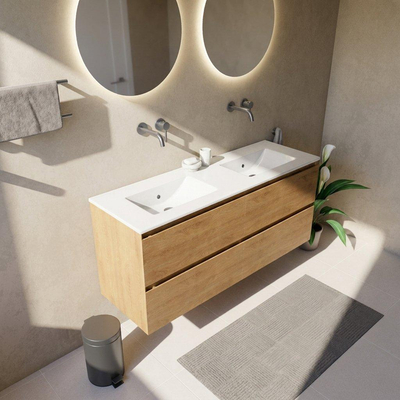 Saniclass Holz Pure Ensemble de meubles de salle de bains - 140x45x62cm - Lavabo en céramique Vygo blanc - 2 vasques - sans trous de robinetterie - 4 tiroirs - chêne natural brillant (bois)