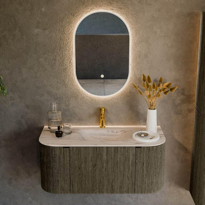 MONDIAZ KURVE-DLUX Meuble de salle de bains 100cm arrondi Gauche + Droite couleur Shadow avec 1 tiroir et 2 portes. Lavabo GRUNNE Central 1 trou de robinet Nata.