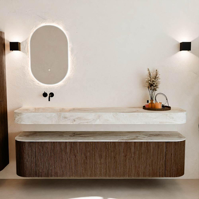 MONDIAZ THOR-DLUX Meuble de salle de bains 190cm arrondi gauche + droite couleur Walnut avec 2 tiroirs et 2 portes. Vasque suspendue CLOUD Gauche sans trou de robinet couleur Frappe.