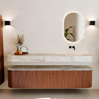 MONDIAZ THOR-DLUX Meuble de salle de bains - 190cm - arrondi gauche + droite - couleur Ruby - 2 tiroirs et 2 portes - Vasque suspendue CLOUD droite sans trou de robinet - couleur Frappe