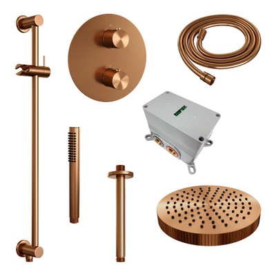 BRAUER Stripe Douche de tête thermostatique encastrée - 3 voies - ronde - SET 45 - pomme de douche 25cm - bras plafond - douchette à main avec barre coulissante intégrée - flexible de douche - cuivre brossé PVD