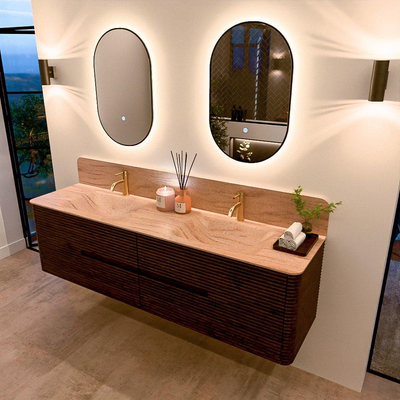 Mondiaz CIRO-DLUX Badkamermeubelset - 180x45x50cm - Solid surface wastafel Saba - 2 wasbak Dubbel - 2 kraangaten - 4 lades - Walnut