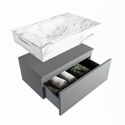 Mondiaz ALAN-DLUX Ensemble de meuble - 70cm - meuble Plata mat - 1 tiroir - Lavabo Cloud Glace suspendu - vasque Centre - 1 trou de robinet