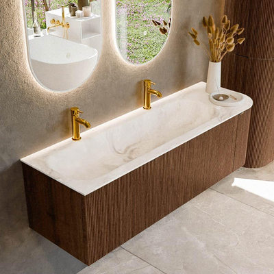 MONDIAZ KURVE-DLUX 145cm badmeubel met module 25 R kleur Walnut met 1 lade en 1 deur. Wastafel BIG LARGE links 2 kraangaten kleur Frappe.