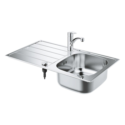 Grohe K200 Spoelbak - met afdruipgedeelte - inclusief Eurosmart eengreeps mengkraan - lage uitloop - eengatsmontage - SilkMove keramische cartouche 35mm - draaibare uitloop 140 graden - StarLight chroom