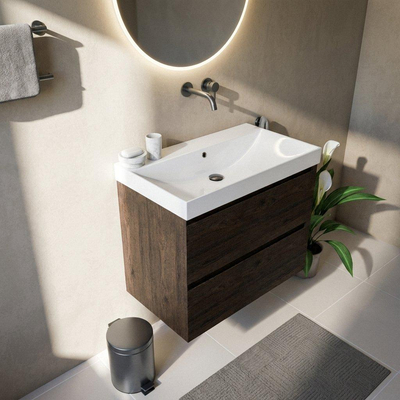 Saniclass Holz Pure Ensemble de meubles de salle de bains - 80x45x67.5cm - lavabo Wave en céramique - 1 vasque - sans trou de robinet - 2 tiroirs - chêne charcoal mat (bois)