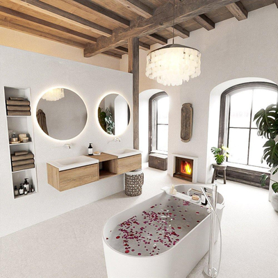 MONDIAZ BUKLA 160cm ensemble de meuble avec module ouvert 40 couleur Chêne blanchi avec 2 tiroirs. Lavabo CLOUD double 0 trou de robinet couleur Talc.