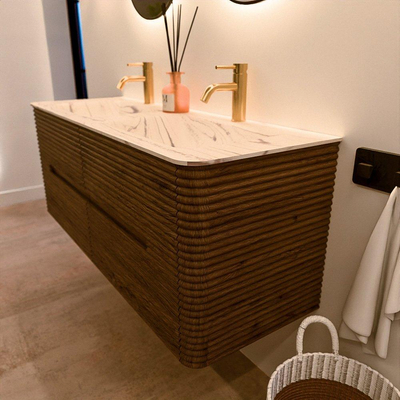 Mondiaz CIRO-DLUX Meuble de salle de bains - 130x45x50cm - Plan vasque solid surface Nata - 2 vasques double - 2 trous de robinet - 4 tiroirs - Dusk