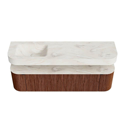 MONDIAZ THOR-DLUX 170cm meuble de salle de bains arrondi gauche + droite couleur Ruby avec 1 tiroir et 2 portes. Vasque suspendue CLOUD Gauche 1 trou de robinet couleur Ostra.