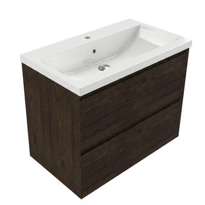 Saniclass Holz Pure Ensemble de meubles de salle de bains - 80x45x63.5cm - Lavabo en céramique Bari blanc - 1 vasque - 1 trou de robinetterie - 2 tiroirs - chêne charcoal mat (bois)