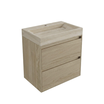 Forzalaqua Ibiza Ensemble meuble de salle de bains - 80x50x70cm - 2 tiroirs - lavabo en travertin - 1 trou de robinet - jeu de supports - bouchon de vidage - smoke