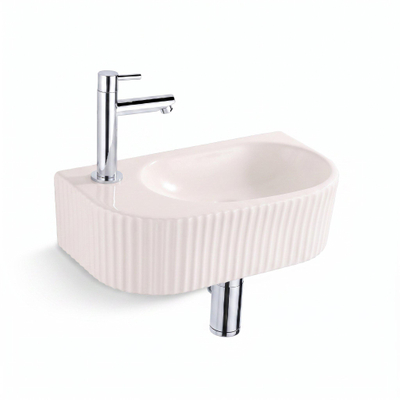 QeramiQ Fuente Fontein - 40x22x12cm - ribbel - halfrond - fonteinkraangat links - keramiek - fonteinkraan chroom - verlaagd sifon - afvoerplug - linnen