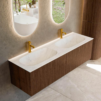 MONDIAZ KURVE-DLUX meuble de salle de bains 150cm couleur Walnut avec 2 tiroirs. Lavabo STOR SMALL double 2 trous de robinet couleur Opalo.