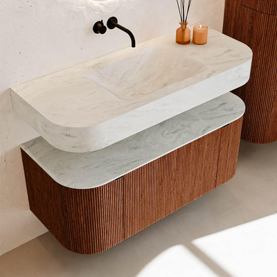 MONDIAZ THOR-DLUX 110cm meuble de salle de bains arrondi gauche + droite couleur Ruby avec 1 tiroir et 2 portes. Vasque suspendue CLOUD Milieu sans trou de robinet couleur Opalo.