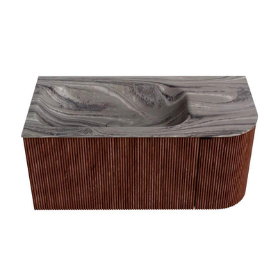 MONDIAZ KURVE-DLUX Meuble de salle de bains 95cm arrondi à droite couleur Ruby avec 1 tiroir et 1 porte. Vasque BIG SMALL gauche 1 trou de robinet Sombra.