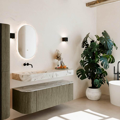 MONDIAZ THOR-DLUX 140cm meuble de salle de bains arrondi gauche + droite couleur Shadow avec 1 tiroir et 2 portes. Vasque suspendue CLOUD Gauche sans trou de robinet couleur Glace.