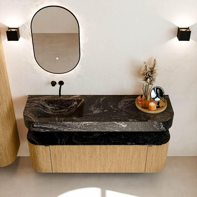 MONDIAZ THOR-DLUX 150cm meuble de salle de bains arrondi gauche + droite couleur Oak avec 1 tiroir et 2 portes. Vasque suspendue CLOUD gauche sans trou de robinet couleur Lava.