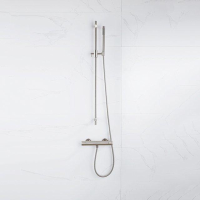 Fortifura Calvi Ensemble de douche barre curseur avec douchette stick, flexible lisse et robinet de douche Inox brossé PVD