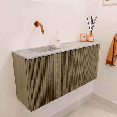 Mondiaz JOYA-DLUX 91.6cm toiletmeubel - ronding rechts kleur Dusk - Wastafel FAYE positie Links Zonder kraangat kleur Glace.