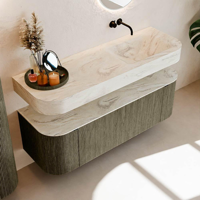 MONDIAZ THOR-DLUX 140cm meuble de salle de bains arrondi gauche + droite couleur Shadow avec 1 tiroir et 2 portes. Vasque suspendue CLOUD Droite sans trou de robinet couleur Ostra.