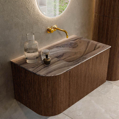 MONDIAZ KURVE-DLUX Meuble de salle de bains 85cm arrondi à gauche couleur Walnut avec 1 tiroir et 1 porte. Lavabo CLOUD à droite sans trou de robinet Sombra.