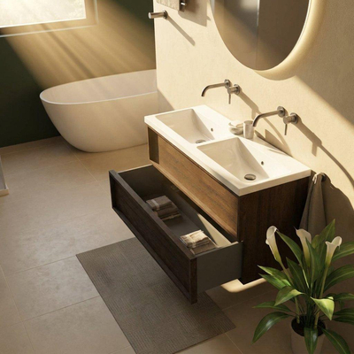 Saniclass Holz Frame Ensemble meuble de salle de bains - 120x45x63.5cm - Bari lavabo en céramique blanc - 2 vasques - sans trous de robinetterie - 2 tiroirs - chêne charcoal mat (bois)