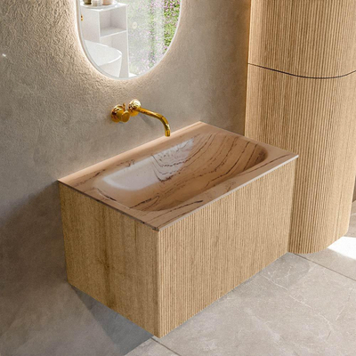 MONDIAZ KURVE-DLUX Meuble de salle de bains 70cm couleur Oak avec 1 tiroir et 0 porte. Lavabo BIG SMALL Central sans trou de robinet Arena.