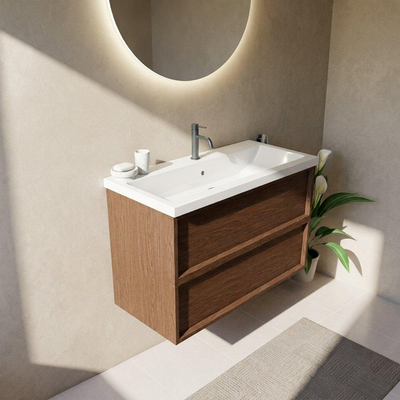 Saniclass Holz Frame Ensemble meuble de salle de bains - 100x45x63.5cm - Lavabo en céramique Bari blanc - 1 vasque - 1 trou de robinet - 2 tiroirs - walnut pure mat (bois)