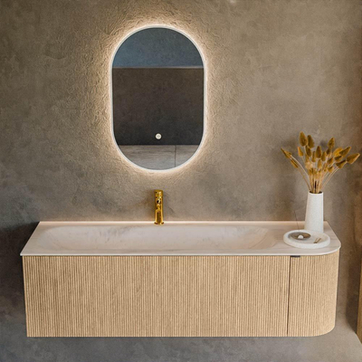 MONDIAZ KURVE-DLUX meuble de salle de bains 145cm arrondi à droite couleur chêne avec 1 tiroir et 1 porte. Lavabo BIG LARGE à gauche 1 trou de robinet Meli.