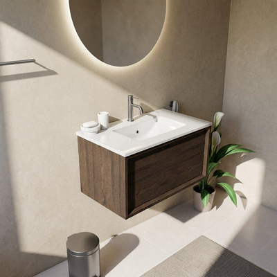 Saniclass Holz Frame Ensemble de meubles de salle de bains - 80x45x42cm - Lavabo Vygo en céramique blanc - 1 vasque - 1 trou de robinetterie - 1 tiroir - chêne charcoal mat (bois)