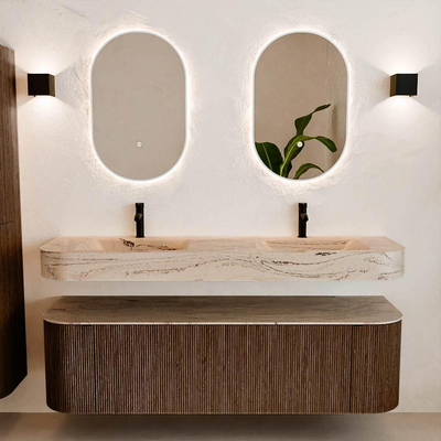 MONDIAZ THOR-DLUX 160cm meuble de salle de bains arrondi gauche + droite couleur Walnut avec 1 tiroir et 2 portes. Vasque suspendue CLOUD Double 2 trous de robinet couleur Arena.