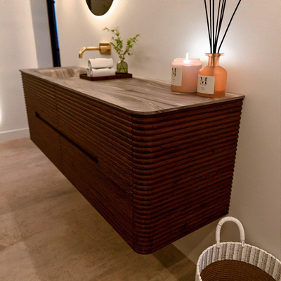 Mondiaz CIRO-DLUX Badkamermeubelset - 150x45x50cm - Solid surface wastafel Sombra - 1 wasbak Links - zonder kraangaten - 4 lades - Ruby