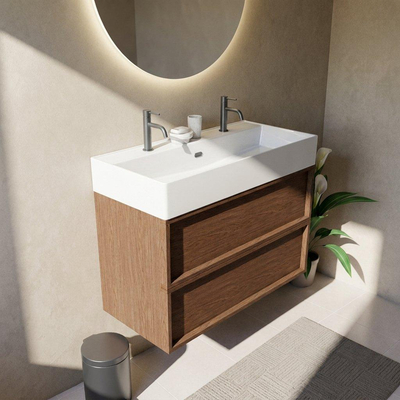Saniclass Holz Frame Ensemble de meubles de salle de bains - 100x45x72cm - Legend lavabo en céramique blanc - 1 vasque - 2 trous de robinetterie - 2 tiroirs - walnut pure mat (bois)