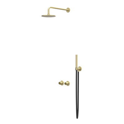 IVY Concord Regendoucheset - inbouw - symmetry - 2-weg stop-omstel - 40cm wandarm - 25cm medium hoofddouche - houder met uitlaat - 150cm doucheslang - staafmodel handdouche - RVS316 - geborsteld mat goud PVD