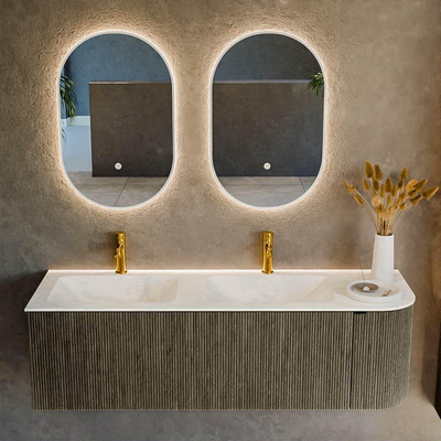 Mondiaz KURVE-DLUX Ensemble de meubles de salle de bains - 145x46x40cm - 1 tiroir - 1 porte - lavabo solid surface - double / gauche - 2 trous de robinet - Shadow