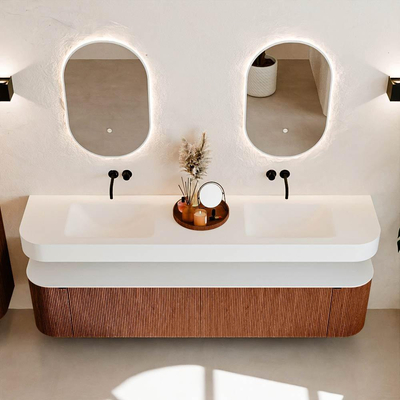 MONDIAZ THOR Meuble de salle de bains - 200cm - arrondi gauche + droite - couleur Ruby - 2 tiroirs et 2 portes - Vasque suspendue CLOUD Double sans trou de robinet - couleur Talc