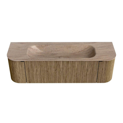 MONDIAZ KURVE-DLUX meuble de salle de bains 150 cm arrondi à gauche + à droite couleur Dusk avec 1 tiroir et 2 portes. Lavabo BIG MEDIUM central sans trou de robinet Saba.