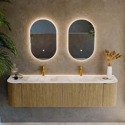 Mondiaz KURVE-DLUX Badkamermeubelset - 180x46x40cm - 2 lade - 2 deuren - wastafel solid surface - dubbel - 2 kraangaten - Dusk