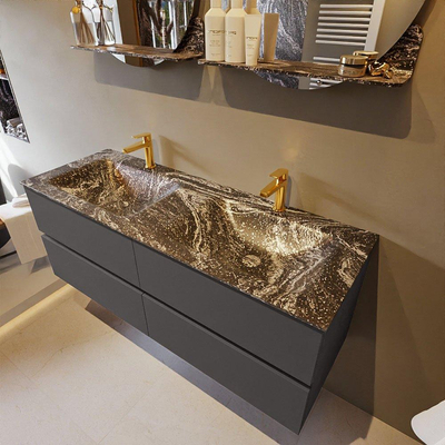 Mondiaz VICA-DLUX ensemble de meuble de salle de bain - 130cm - meuble sous-vasque gris foncé - 4 tiroirs - lavabo encastré cloud double - 2 trous de robinet - version haute de 60cm - lave