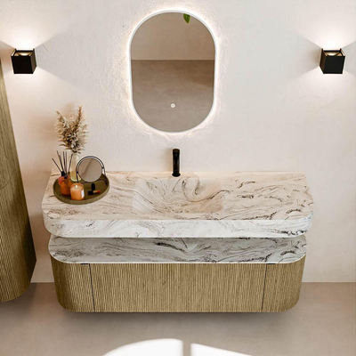 MONDIAZ THOR-DLUX 150cm meuble de salle de bains arrondi gauche + droite couleur Dusk avec 1 tiroir et 2 portes. Vasque suspendue CLOUD Milieu 1 trou de robinet couleur Glace.