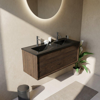 Saniclass Holz Frame Ensemble meuble de salle de bains - 120x45x42cm - lavabo Vygo en céramique noir - 2 vasques - 2 trous de robinetterie - 1 tiroir - chêne charcoal mat (bois)