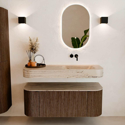 MONDIAZ THOR-DLUX 120cm badmeubel ronding links + rechts kleur Walnut met 1 lade en 2 deuren. Vrijhangende wastafel CLOUD Rechts zonder kraangat kleur Arena.