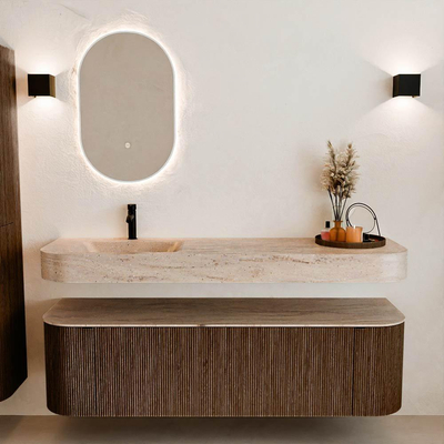 MONDIAZ THOR-DLUX 160cm meuble de salle de bains arrondi gauche + droite couleur Walnut avec 1 tiroir et 2 portes. Vasque suspendue CLOUD Gauche 1 trou de robinet couleur Saba.