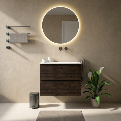 Saniclass Holz Pure Ensemble de meubles de salle de bains - 80x45x77.5cm - lavabo Torino en solid surface blanc - sans trou de robinet - 2 tiroirs - chêne charcoal mat (bois)