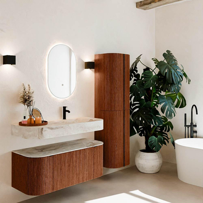 MONDIAZ THOR-DLUX 110cm meuble de salle de bains arrondi gauche + droite couleur Ruby avec 1 tiroir et 2 portes. Vasque suspendue CLOUD Droite 1 trou de robinet couleur Frappe.