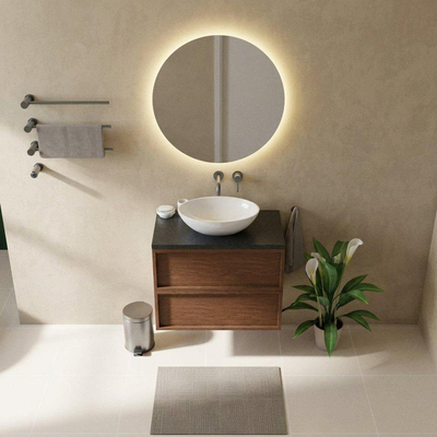 Saniclass Holz Frame Ensemble de meubles de salle de bains - 80x45x63cm - plan vasque en basalte Noche poli (noir) - sans trou de robinetterie - 2 tiroirs - walnut pure mat (bois)