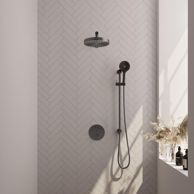 BRAUER Stripe Douche de pluie thermostatique encastrable - 3 voies - ronde - pomme de douche 25cm - bras mural droit - douchette 3 positions - flexible de douche - barre coulissante intégrée - PVD brossé gunmetal